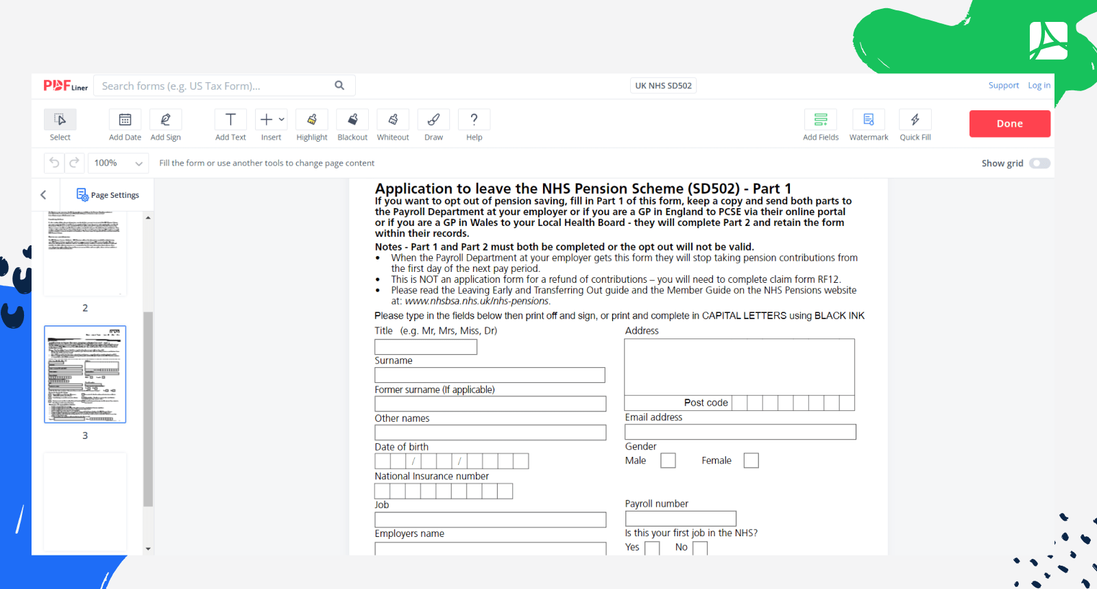 UK NHS SD502 Form Screenshot