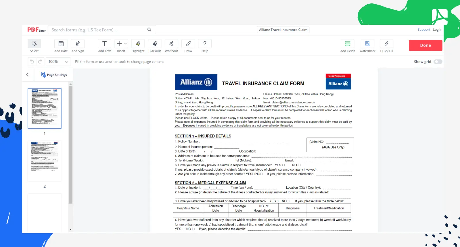 Allianz Travel Insurance Claim Form Screenshot