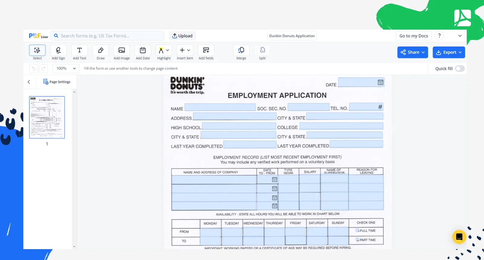 Dunkin' Donuts Job Application Form Screenshot