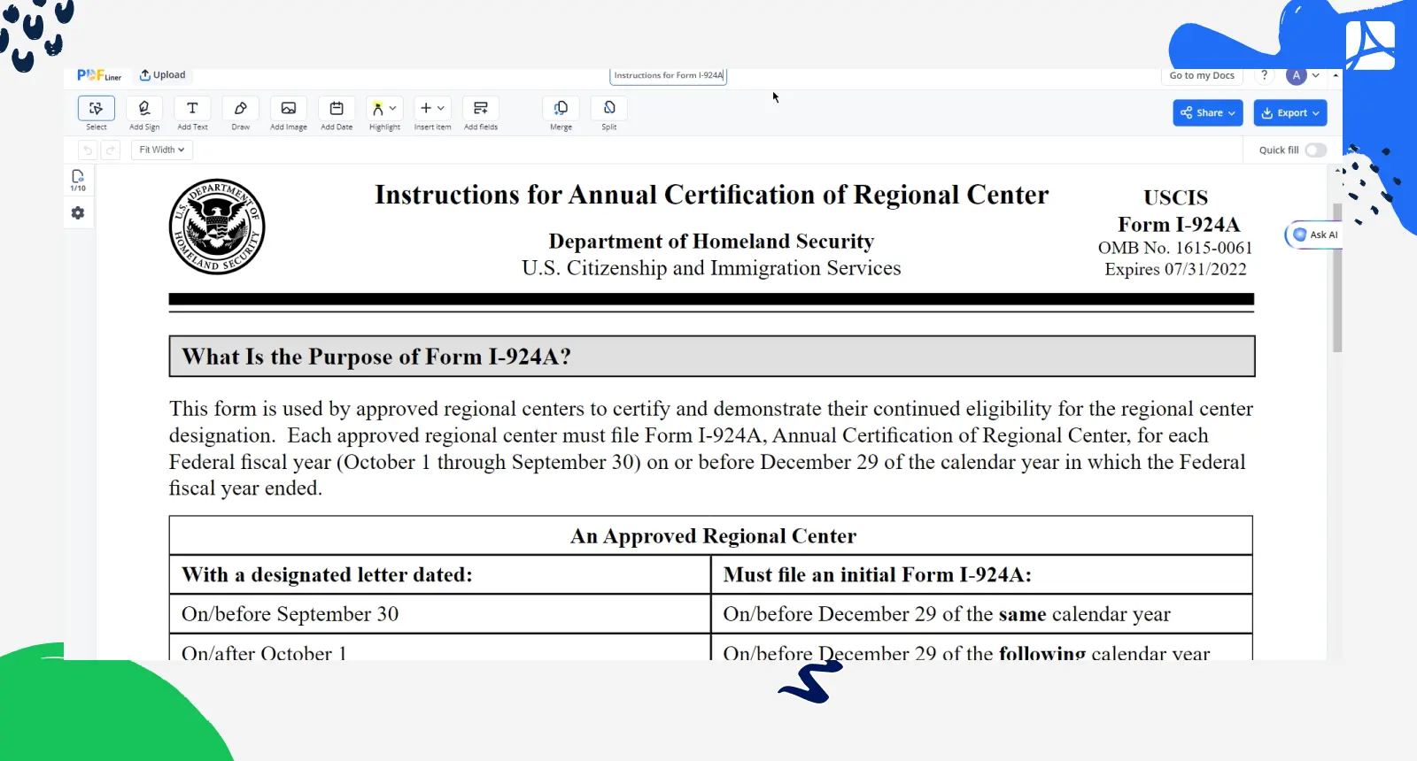 Instructions for Form I-924A PDFLiner screenshot
