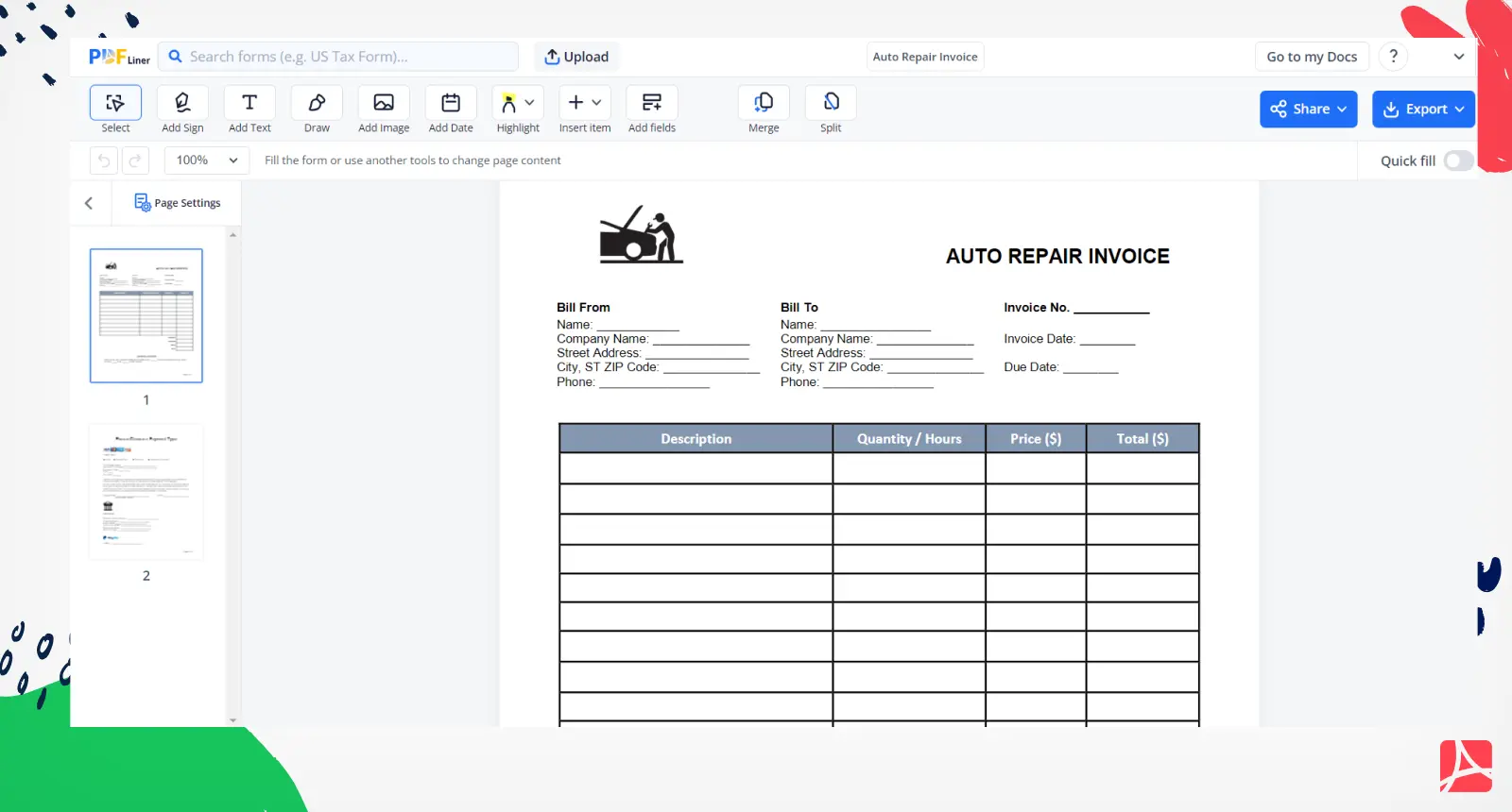 Auto Repair Invoice Screenshot
