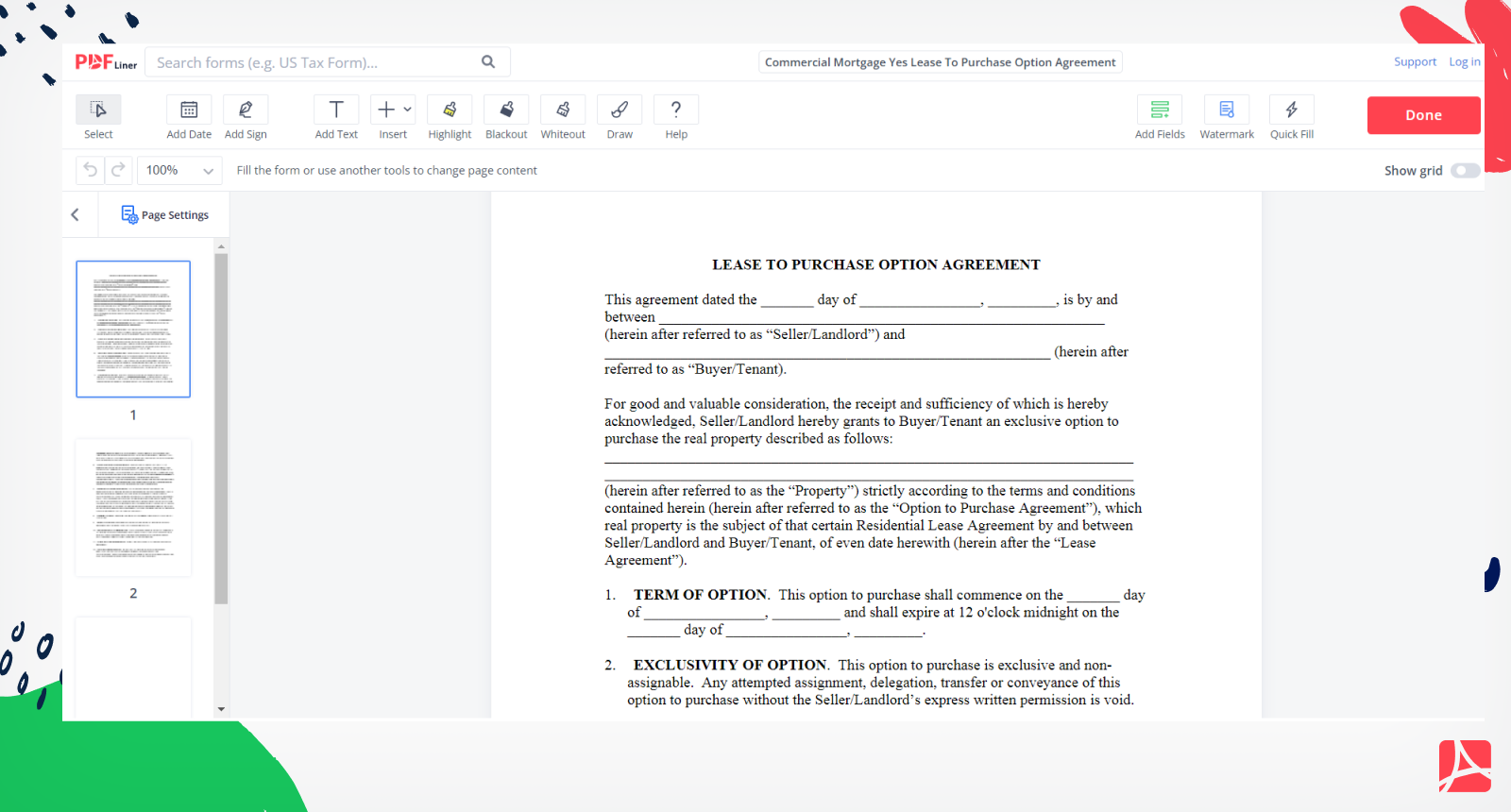 Commercial Mortgage Yes Lease To Purchase Option Agreement Form Screenshot