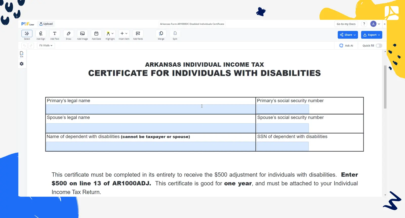 Arkansas Form AR1000DC Disabled Individuals Certificate PDFLiner screenshot 
