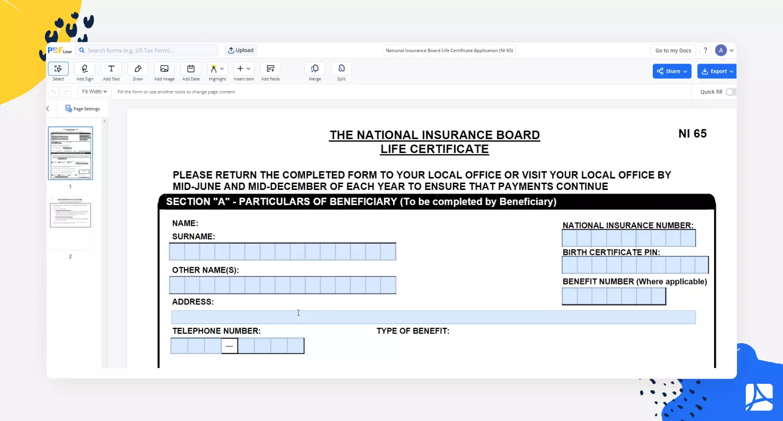National Insurance Board Life Certificate Application (NI 65) screenshot