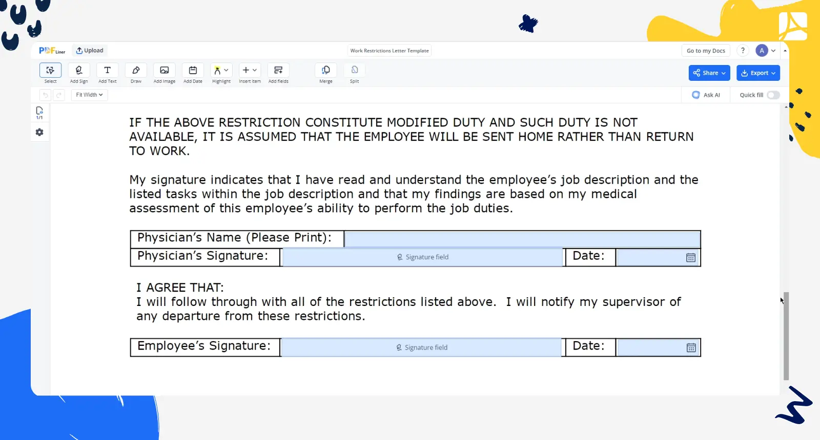 work restrictions letter template screenshot