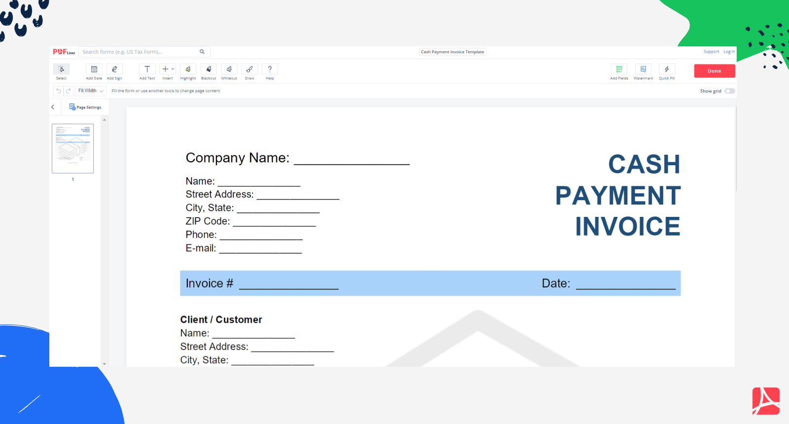Cash Payment Invoice on PDFLiner