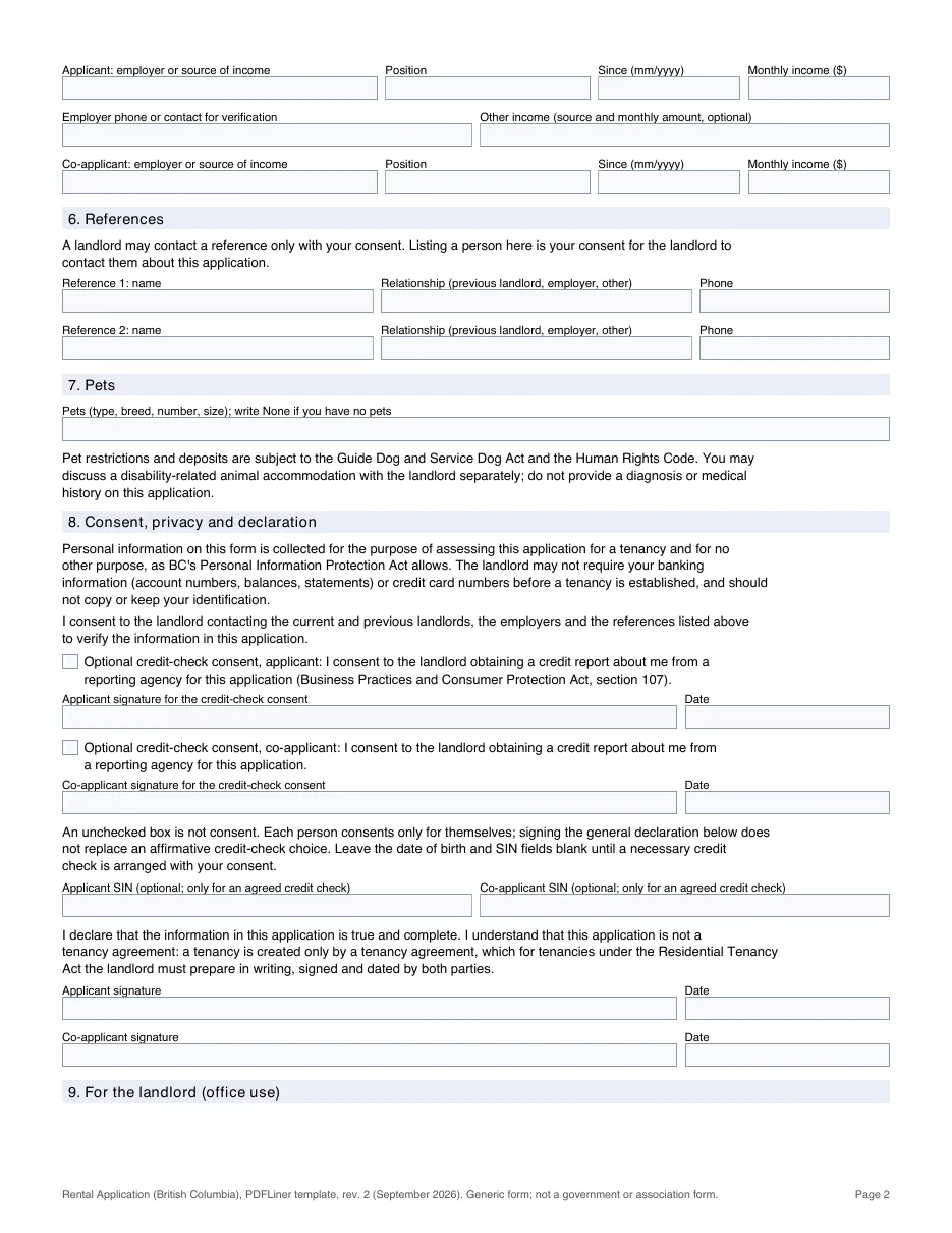 BC rental application template, page 2 (PDFLiner)