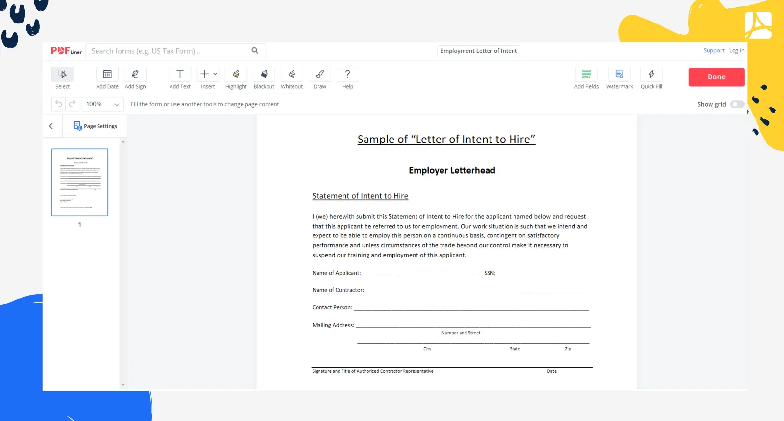 Employment Letter of Intent Form Screenshot
