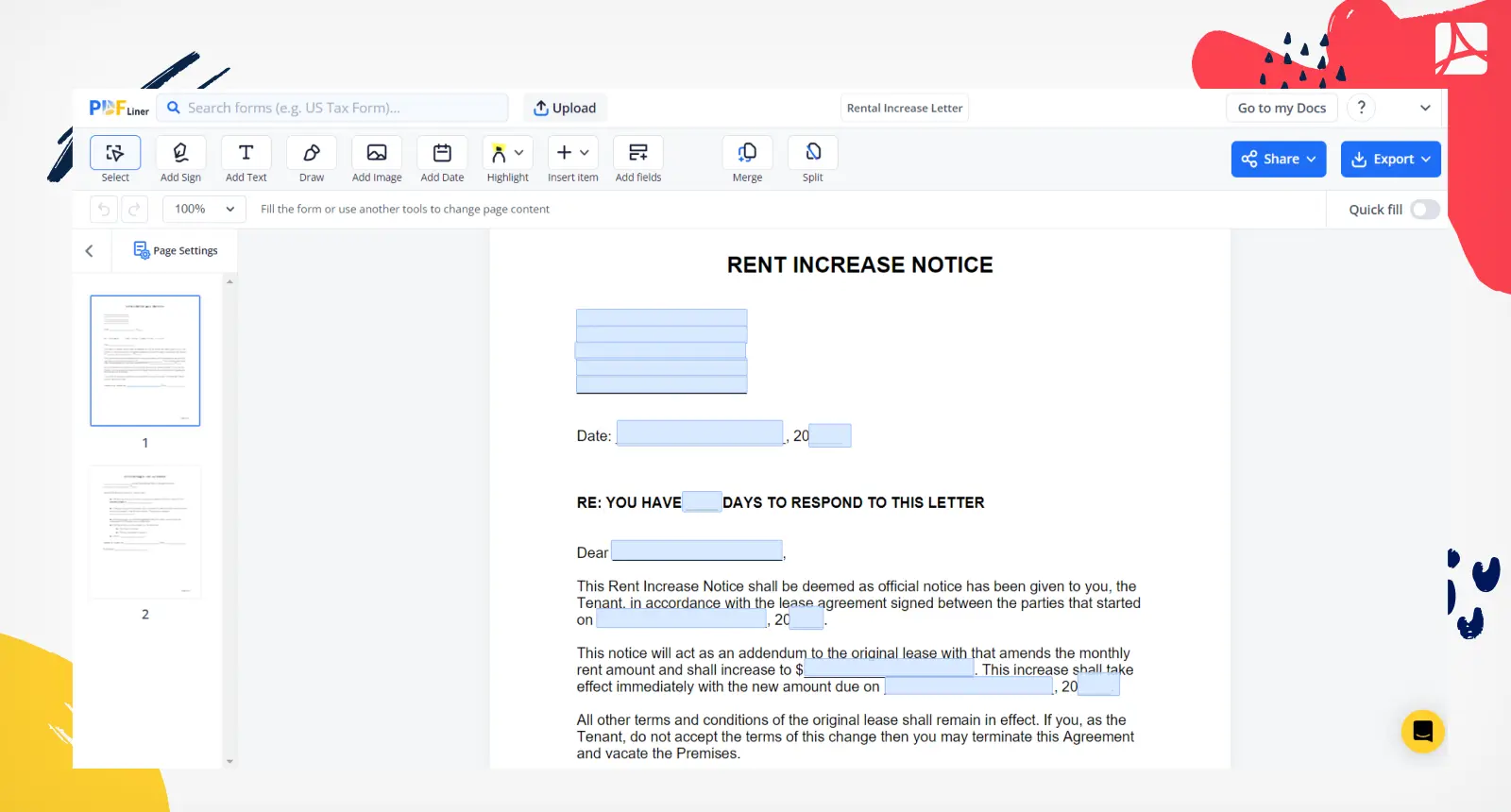 Rental Increase Letter Form Screenshot