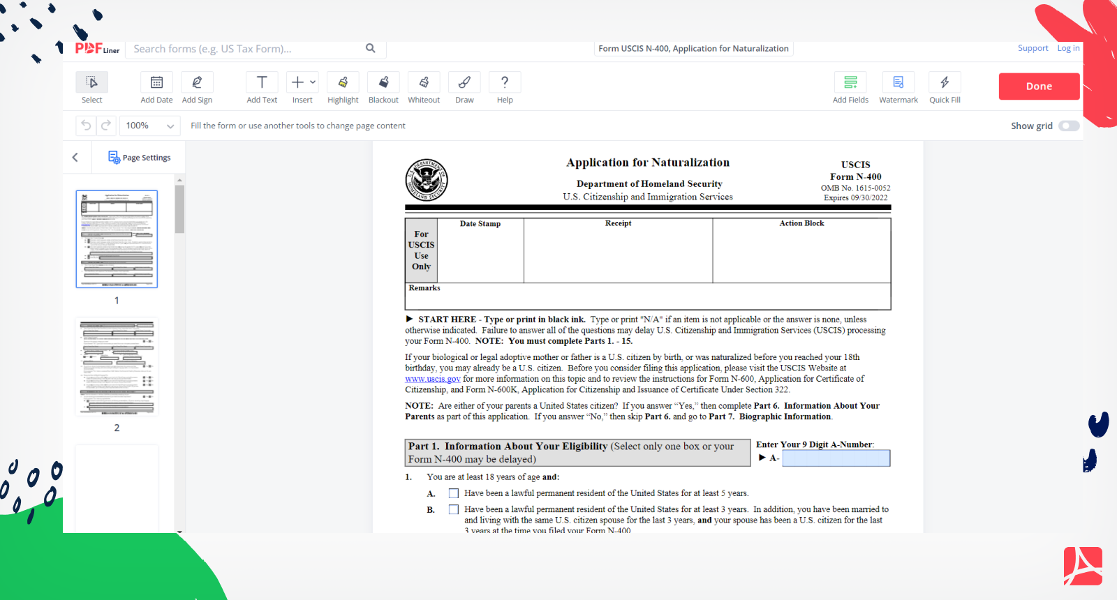 USCIS Form N 400 PDF Application For Naturalization Blank PDFline