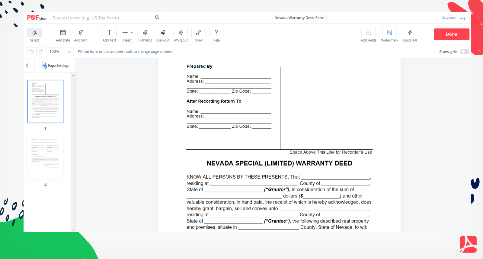 Nevada Warranty Deed Form Screenshot