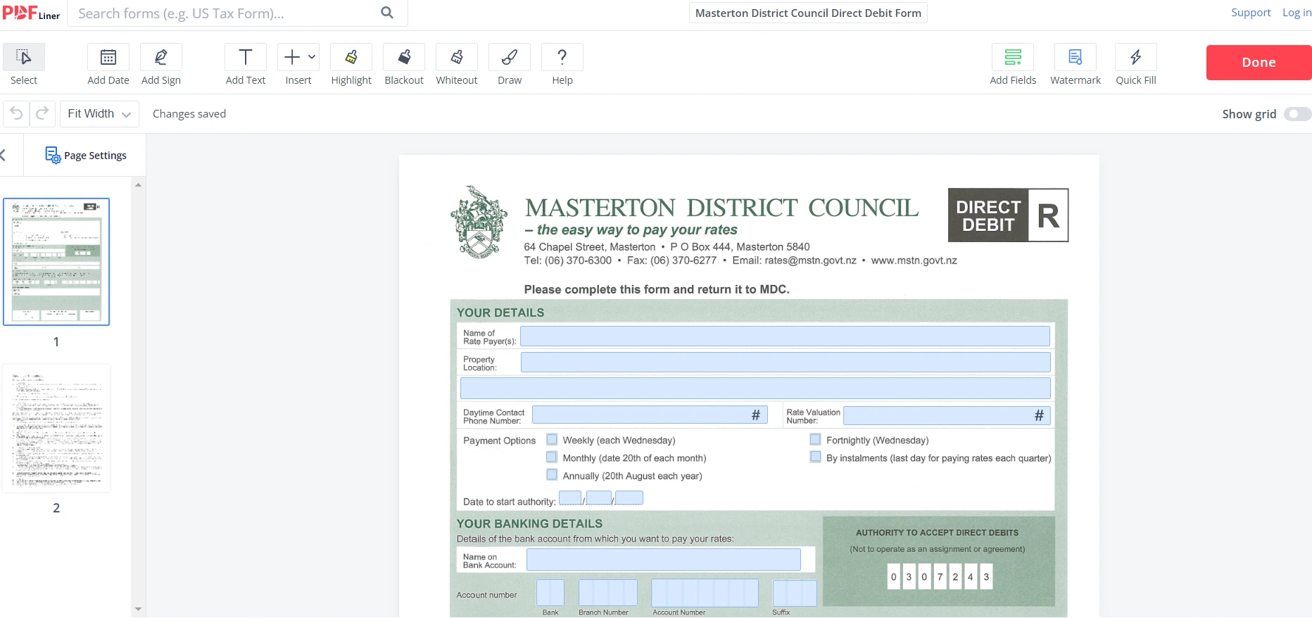 Masterton District Council Direct Debit Form on PDFLiner
