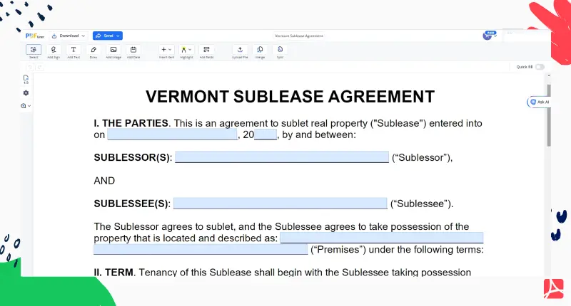 Vermont Sublease Agreement PDFLiner screenshot