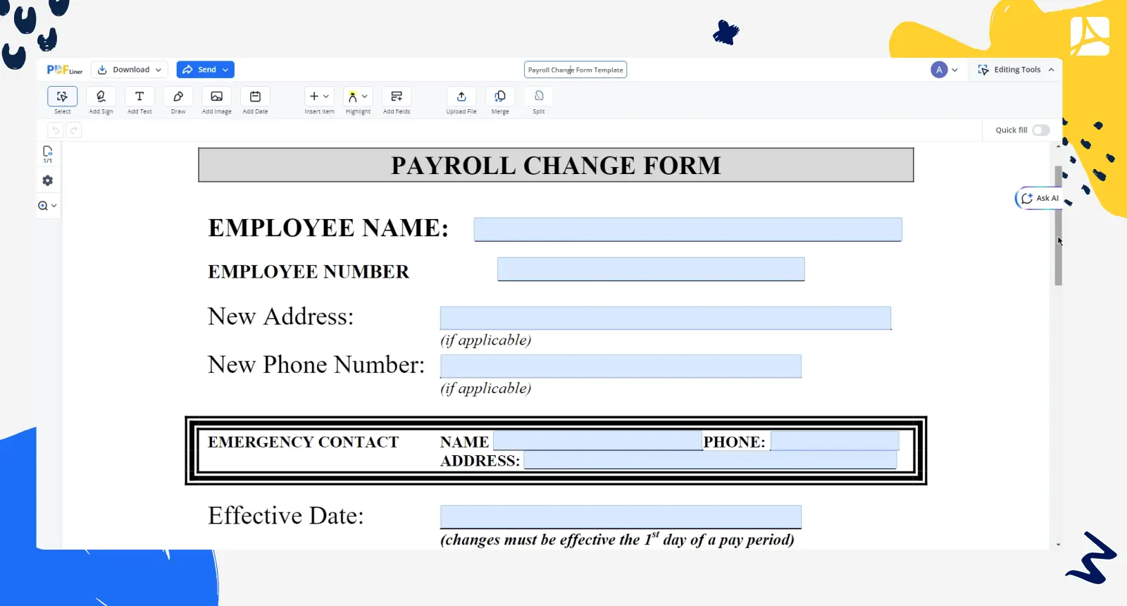 payroll change form template screenshot PDFliner