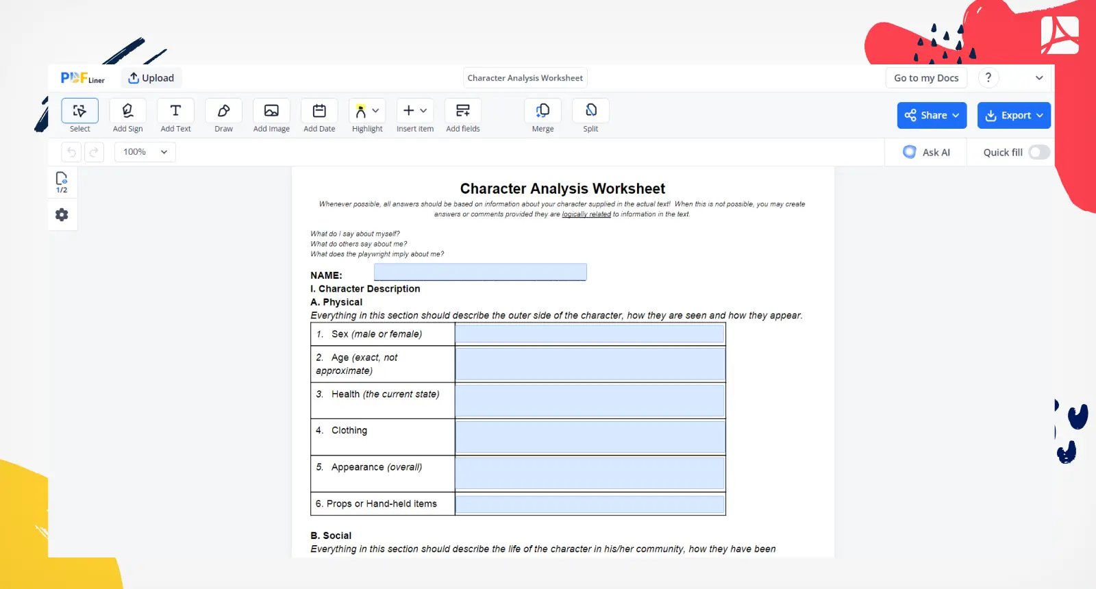 Character Analysis Worksheet Screenshot