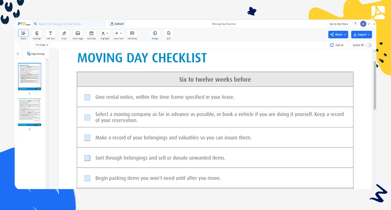moving day checklist screenshot