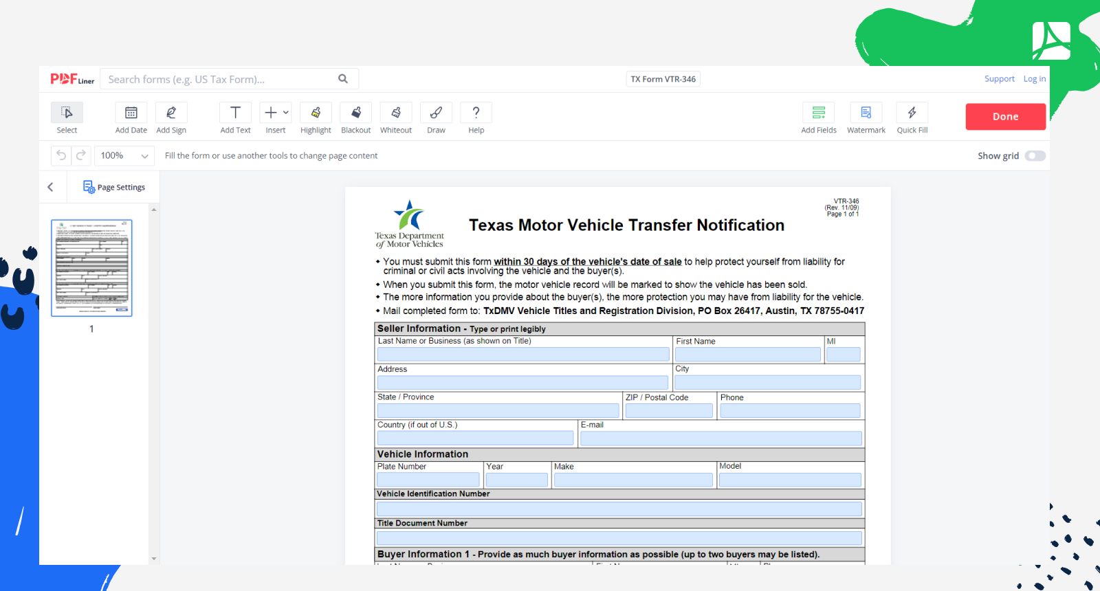 TX Form VTR-346 Form Screenshot