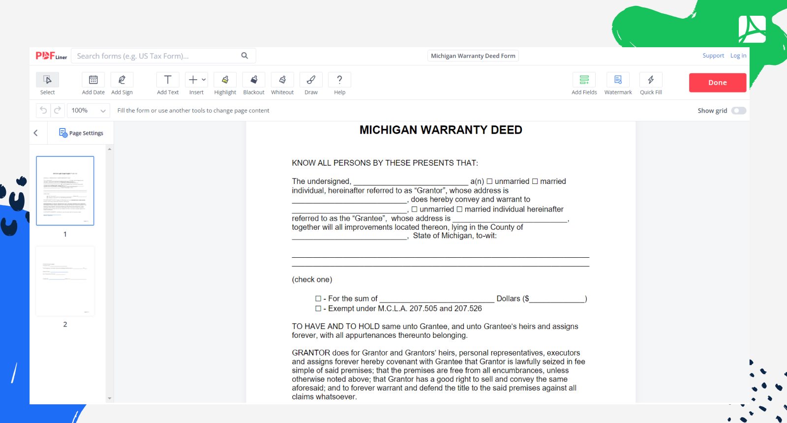 Michigan Warranty Deed Form Screenshot