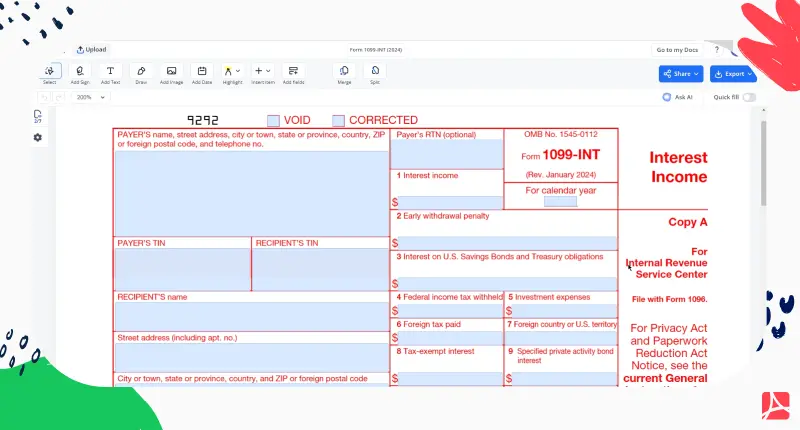 Form 1099 INT 2023-2024 PDFLiner screenshot 