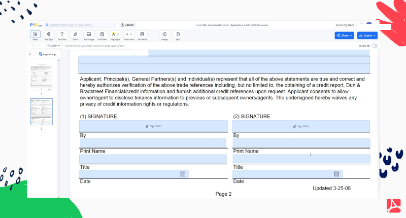 Form 565, Commercial Tenant - Application and Credit Information screenshot