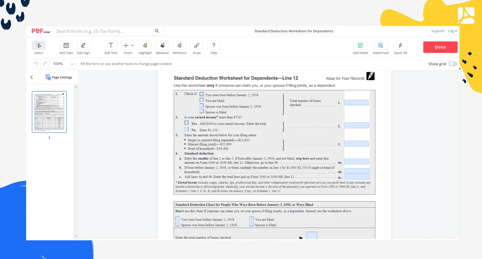 Standard Deduction Worksheet for Dependents 2022 Form Screenshot