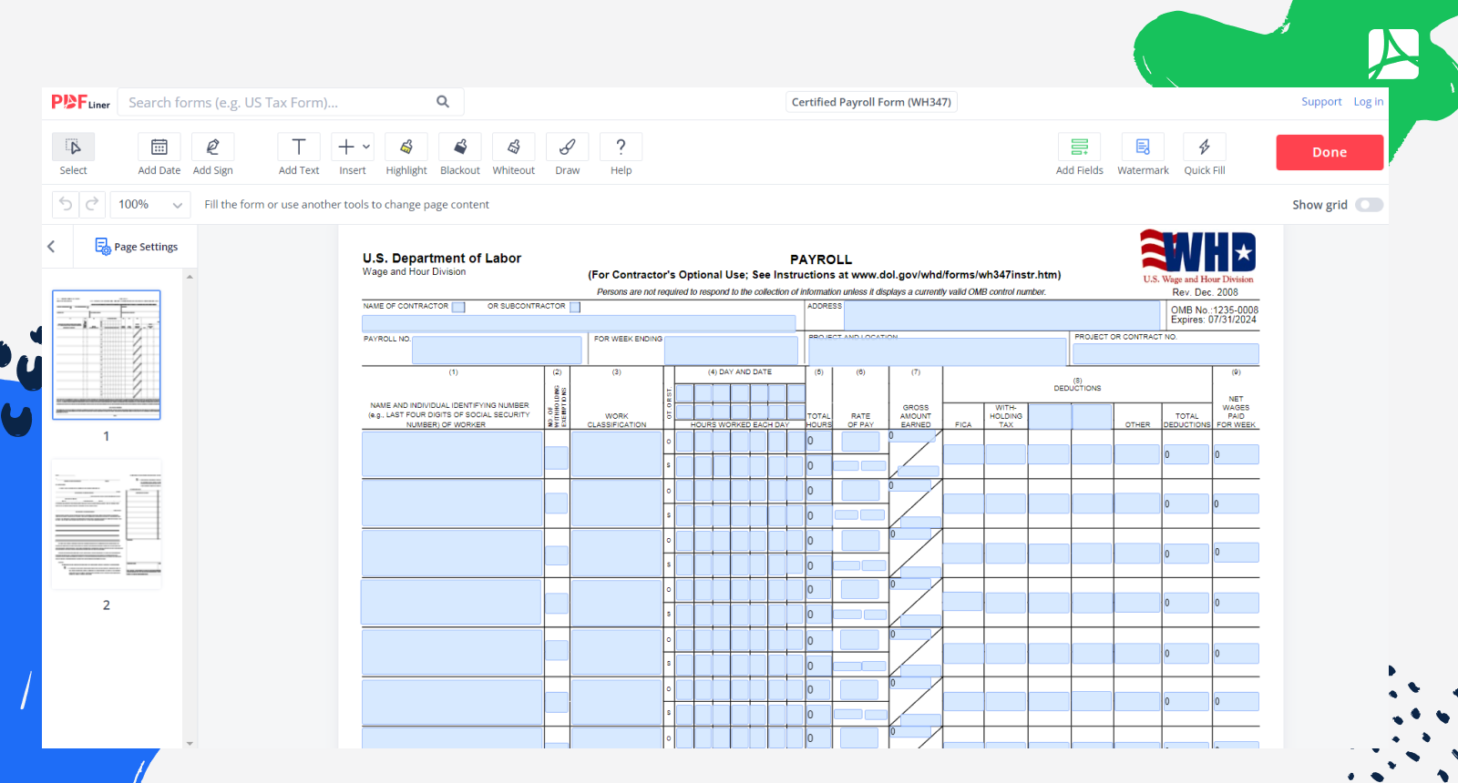 Certified payroll form wh347 blank online pdfliner