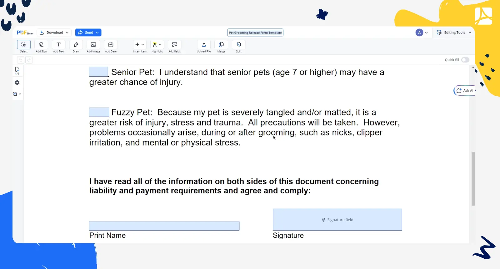 pet grooming release template PDFliner screenshot