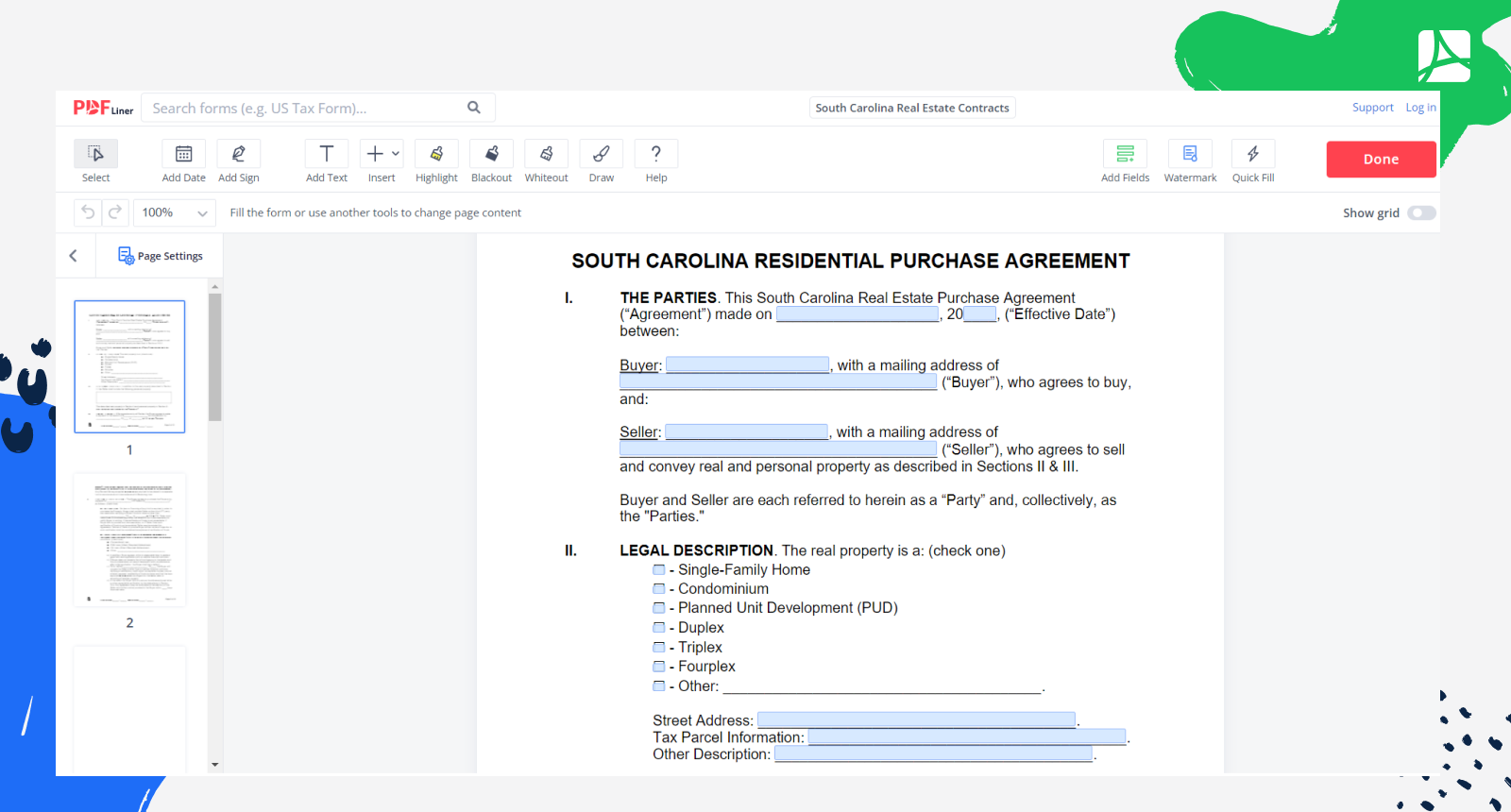 South Carolina Real Estate Contracts Form Screenshot