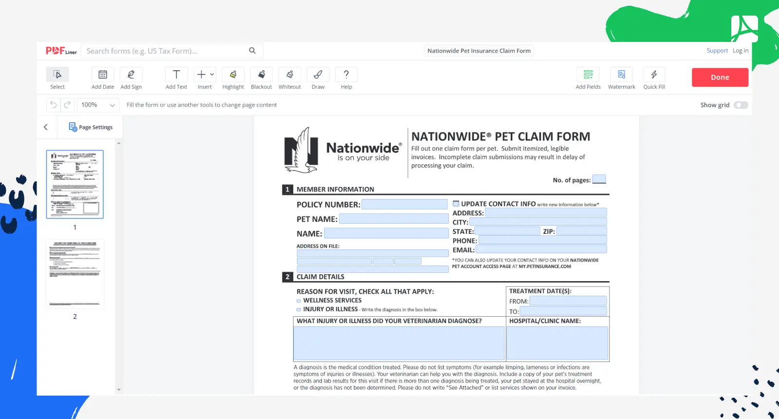 Nationwide Pet Insurance Claim Form Screenshot