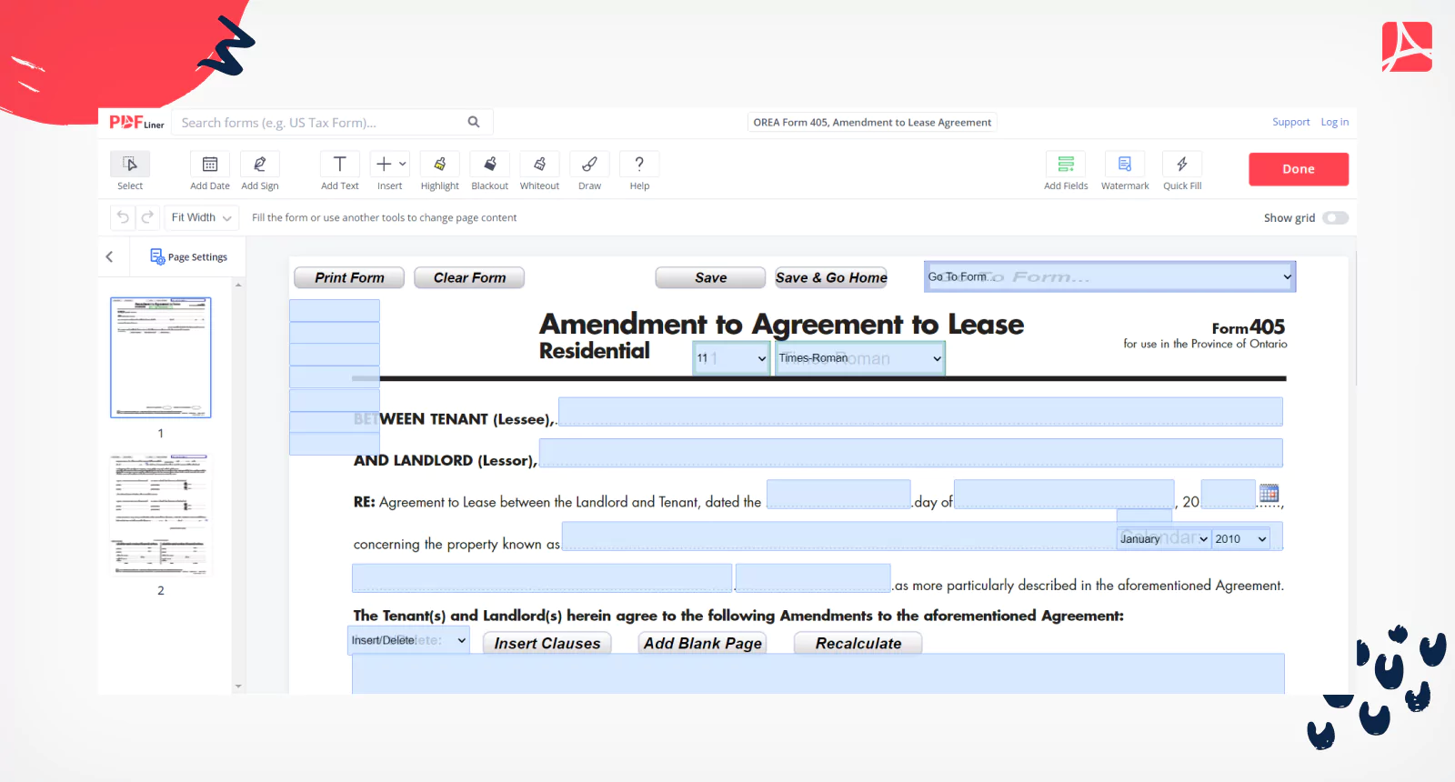OREA Form 405, Amendment to Lease Agreement on PDFLiner