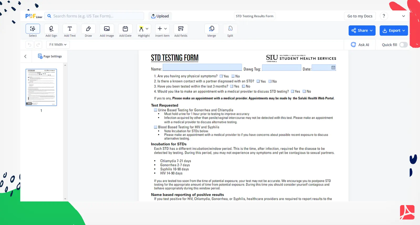 STD Testing Form Screenshot