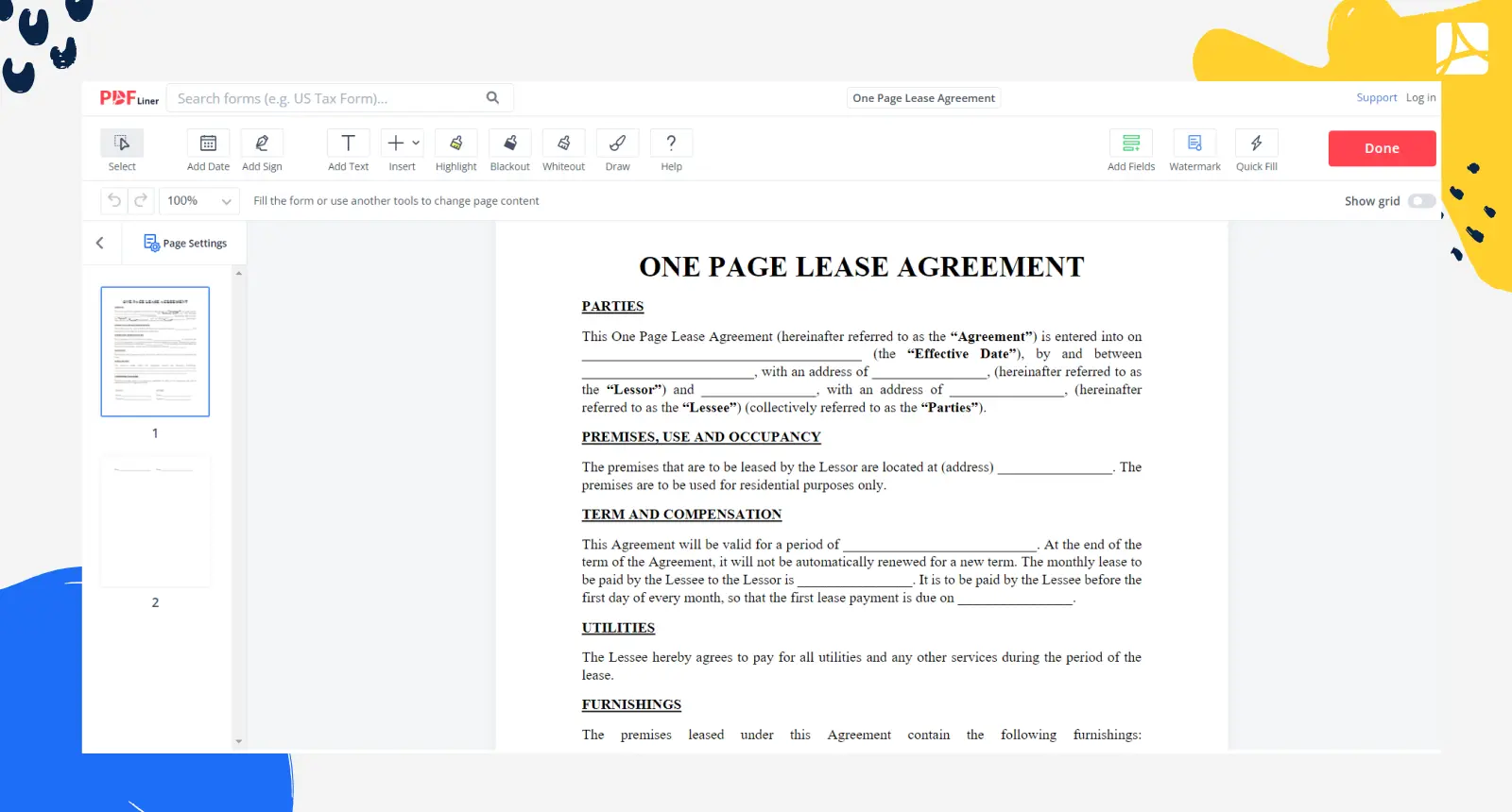 One Page Lease Agreement Form Screenshot