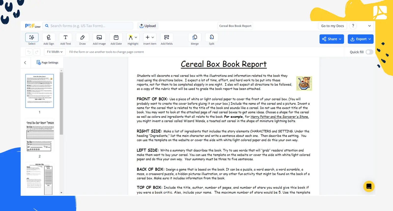 Cereal Box Book Report Form Screenshot