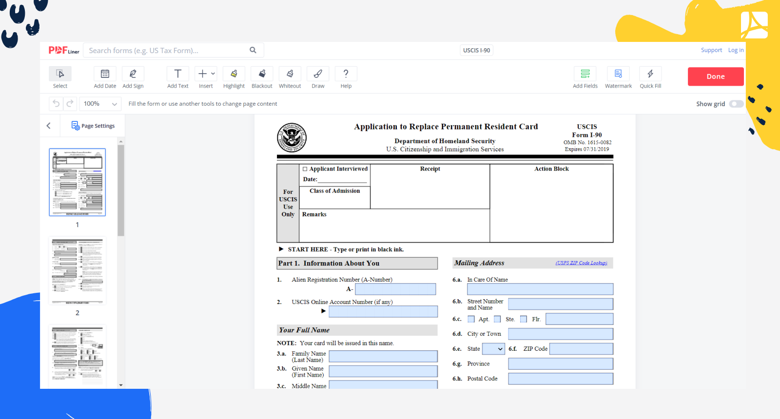 USCIS I-90 Form Screenshot