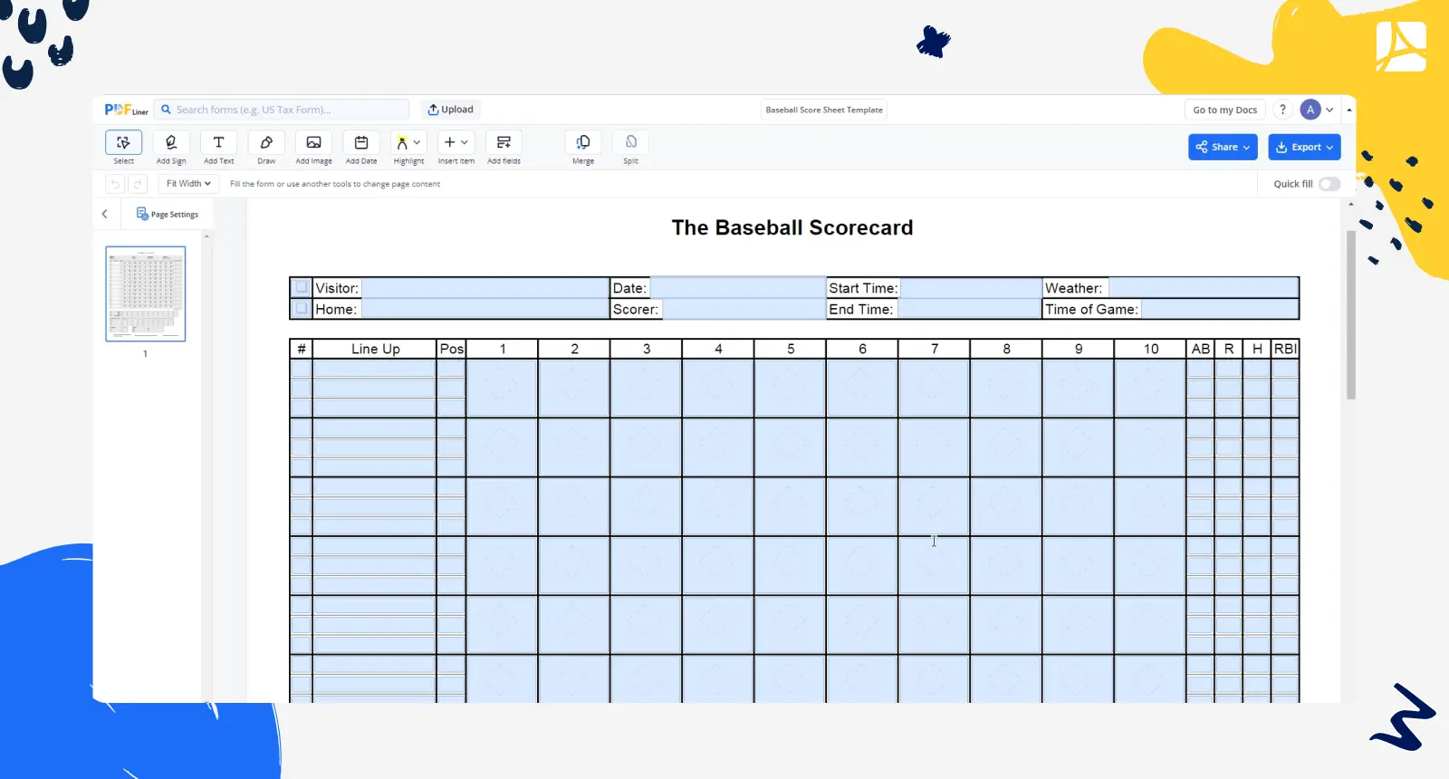 Baseball Score Sheet Template screenshot