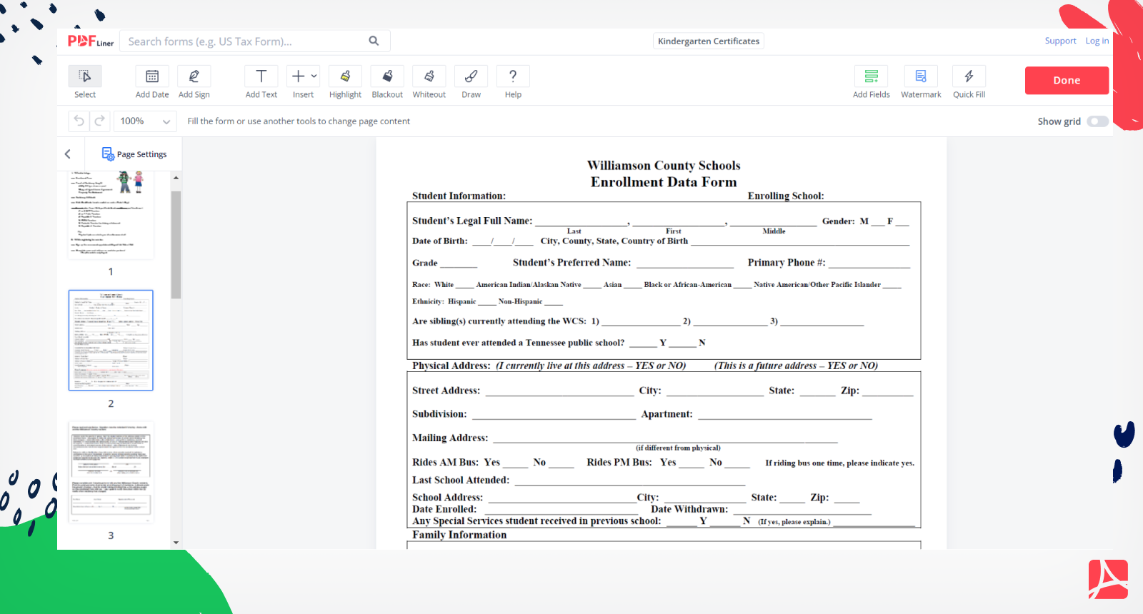 Kindergarten Certificates Form Screenshot