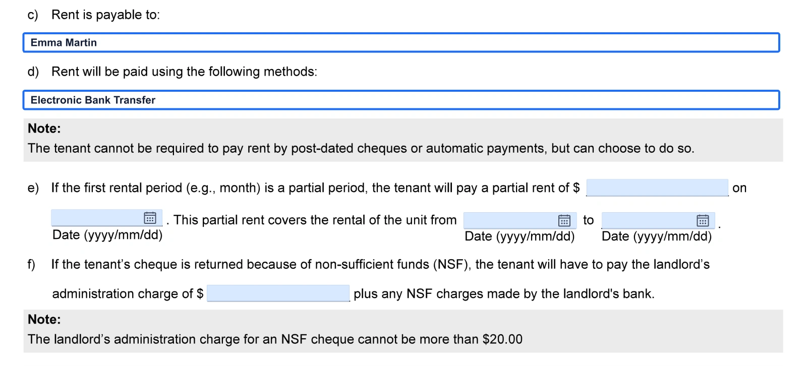 Filling out Ontario Standard Lease step 8