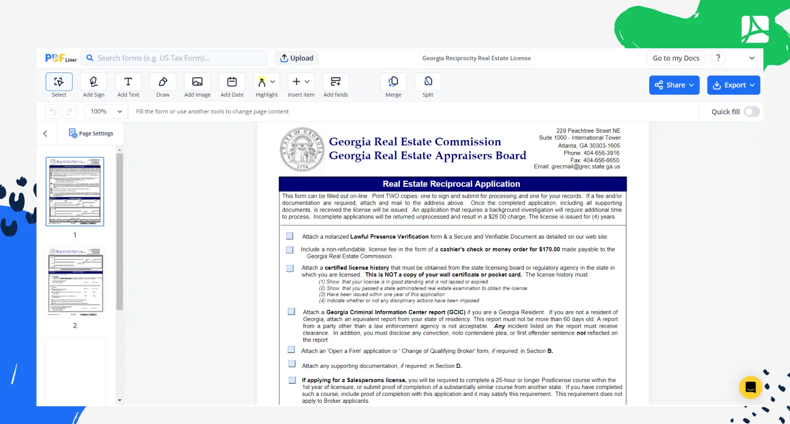 Georgia Reciprocity Real Estate License Form Screenshot