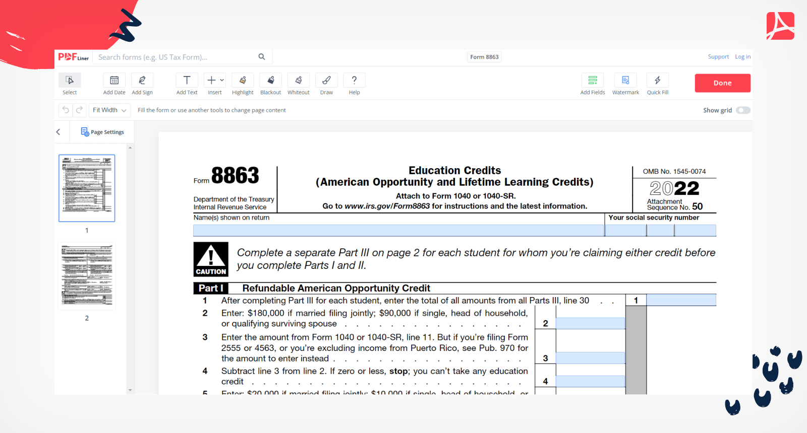 Form 8863 on PDFLiner
