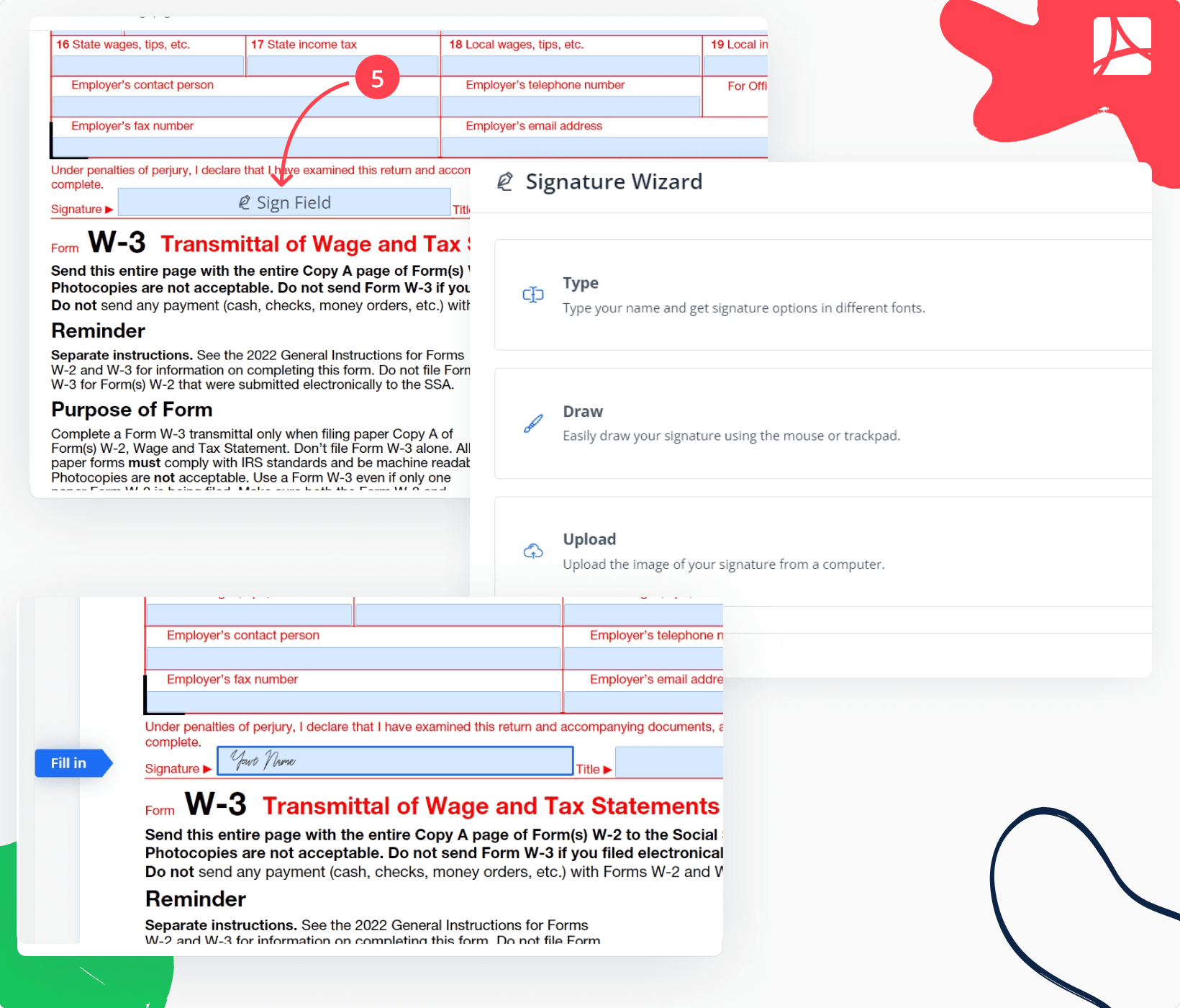 W-3 step-by-step signing process screenshots