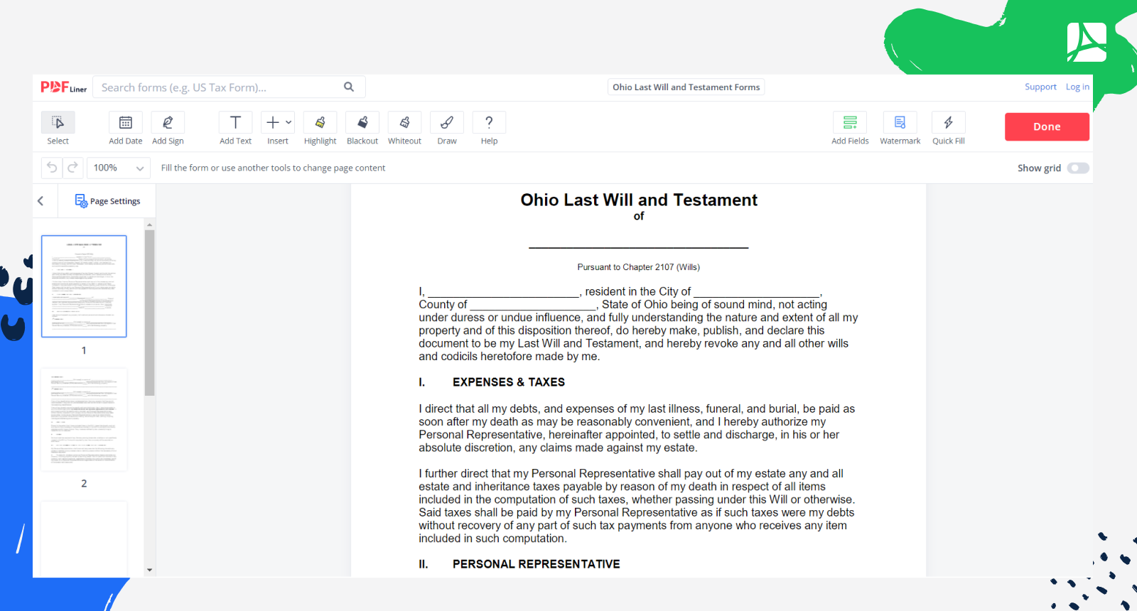 Ohio Last Will and Testament Form Screenshot