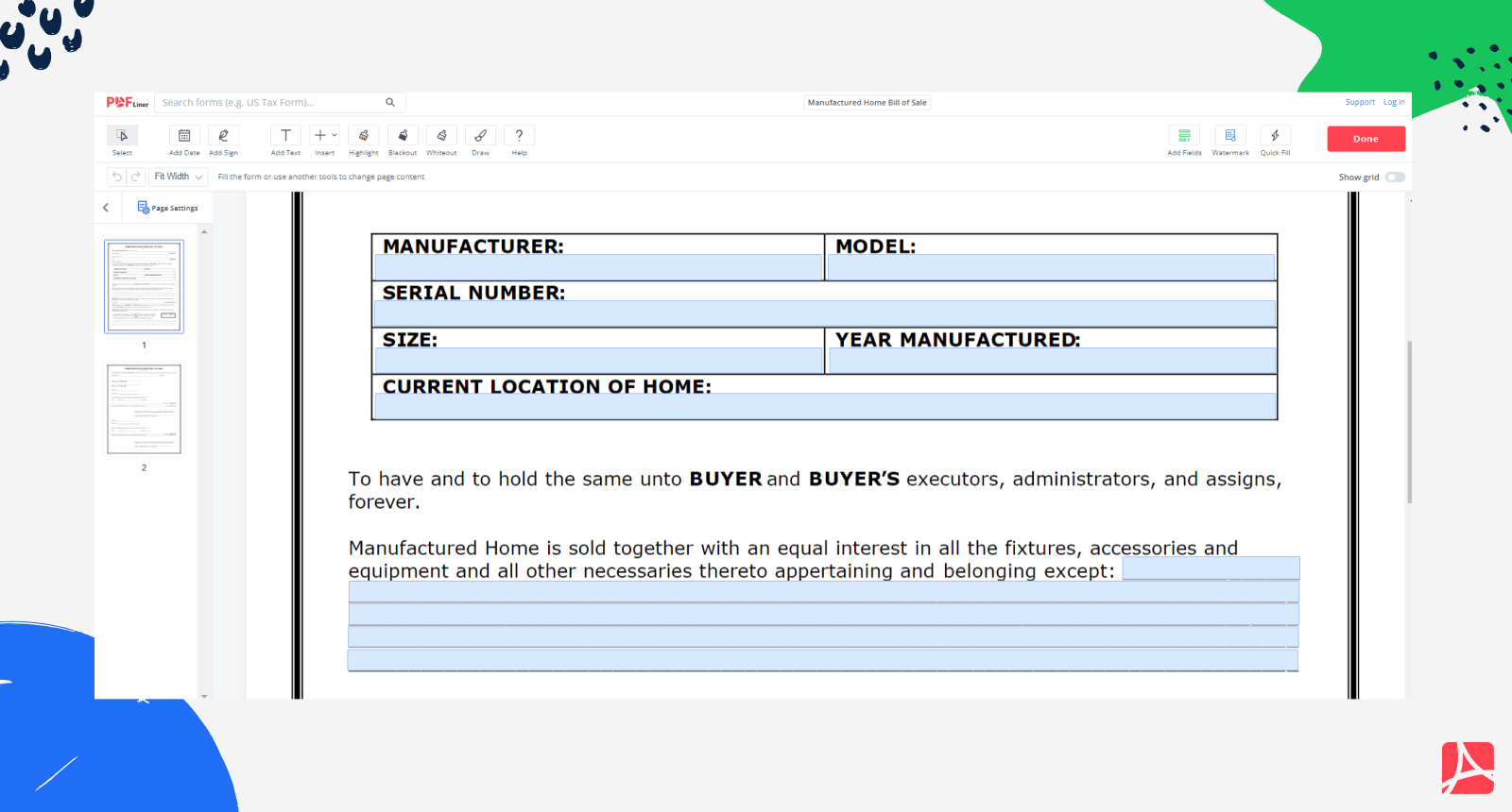 Manufactured Home Bill of Sale on PDFLiner