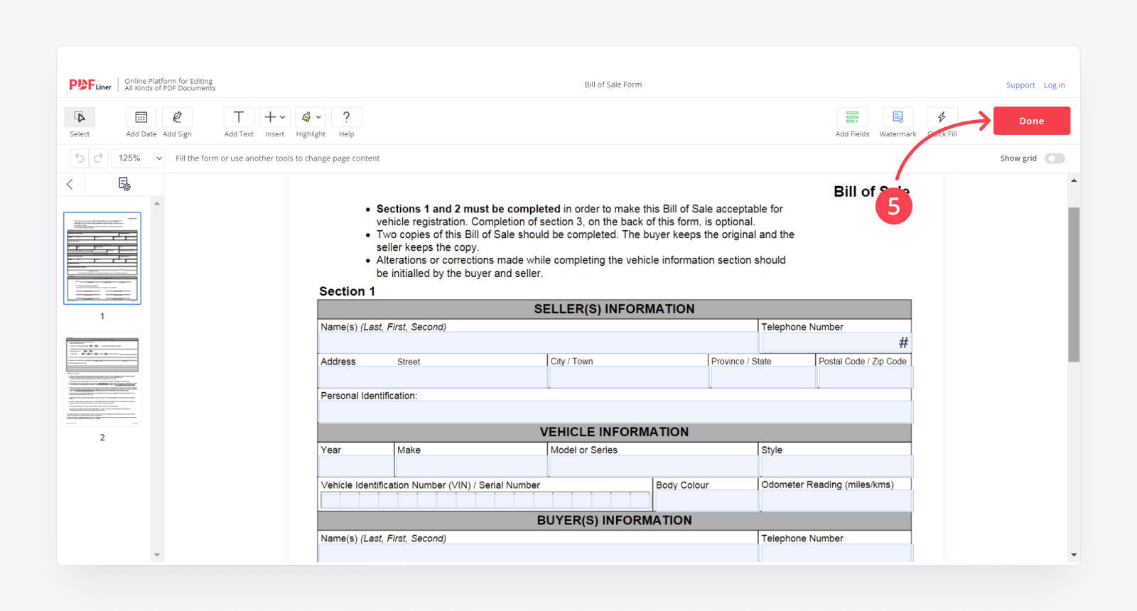 PDFliner editor with an arrow showing where the Done button is