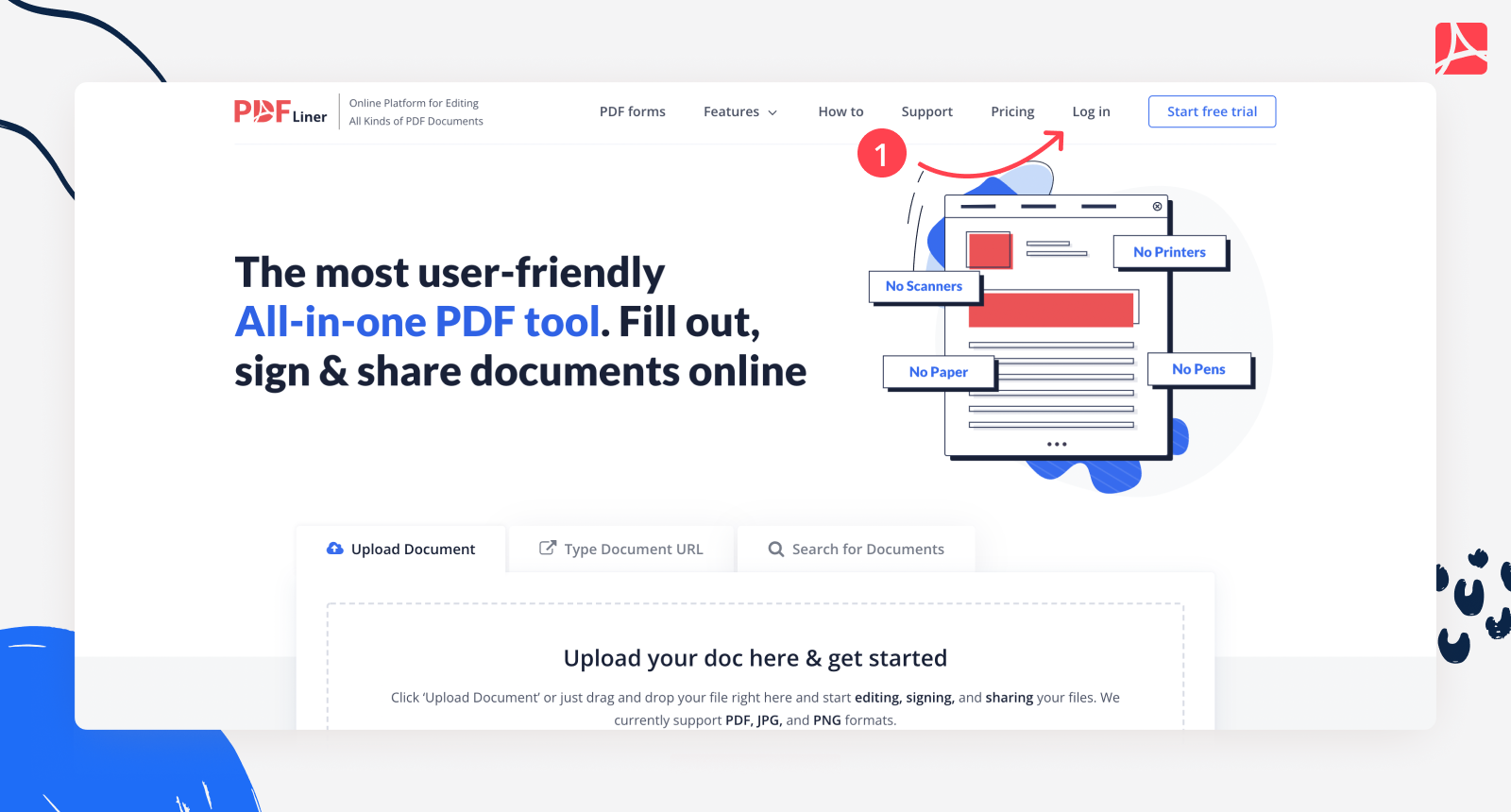 PDFLiner main page screenshot with an arrow showing where to log in