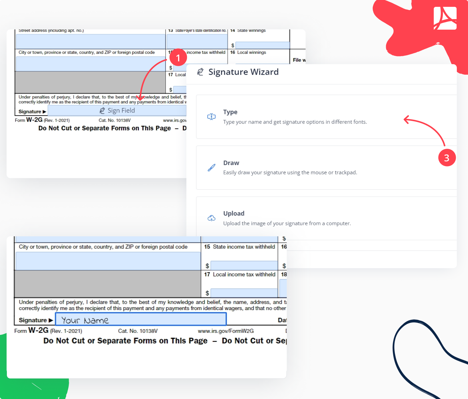 Signing Form W-2G in PDFLiner screenshot guide