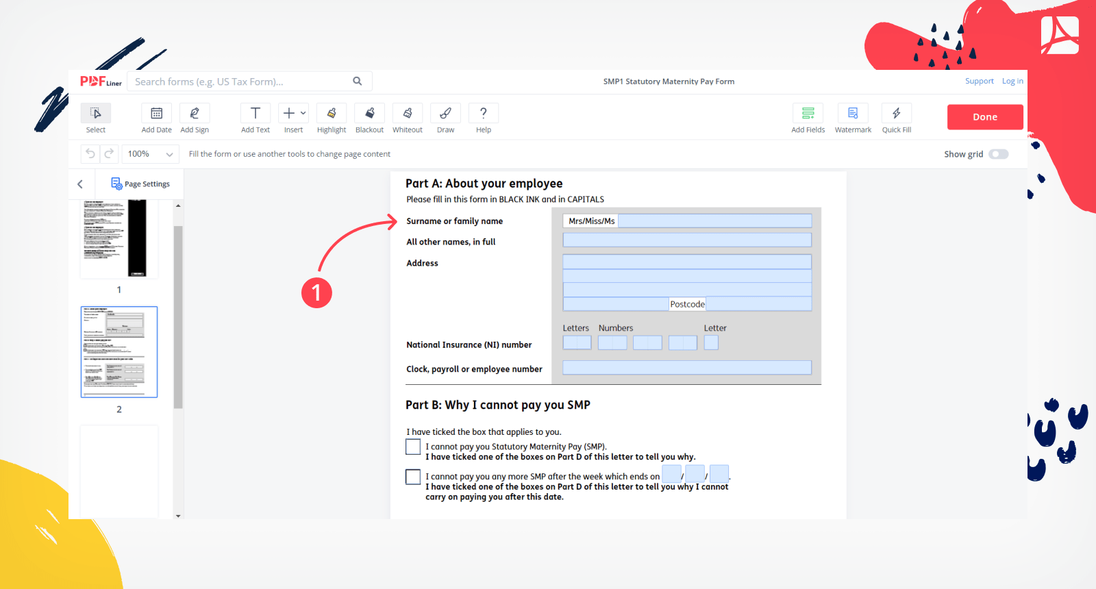 SMP1 Statutory Maternity Pay Form screenshot step 1