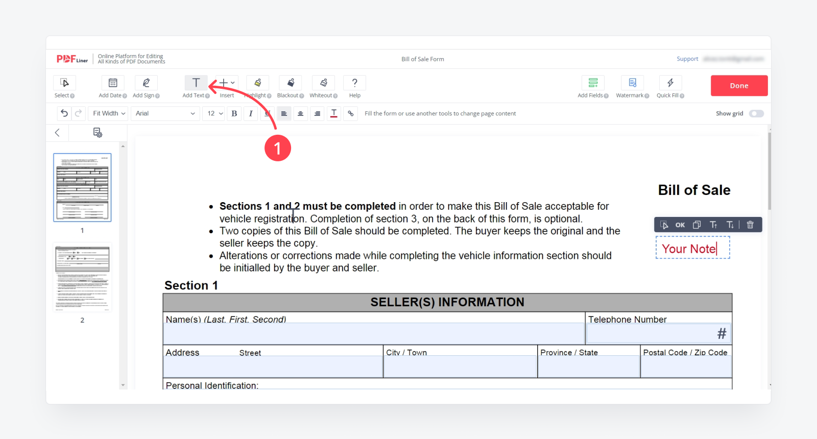 Adding text note to a pdf