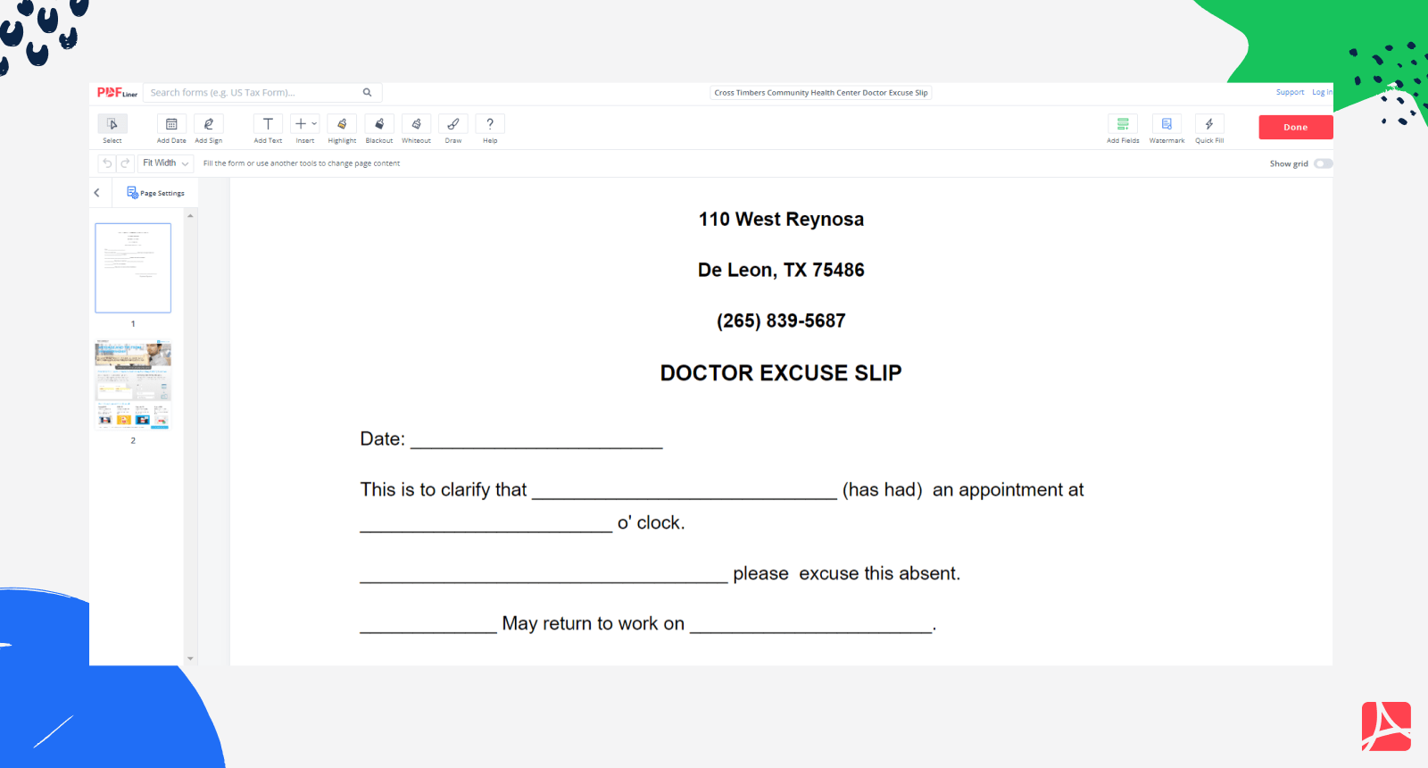 Cross Timbers Community Health Center Doctor Excuse Slip on PDFLiner