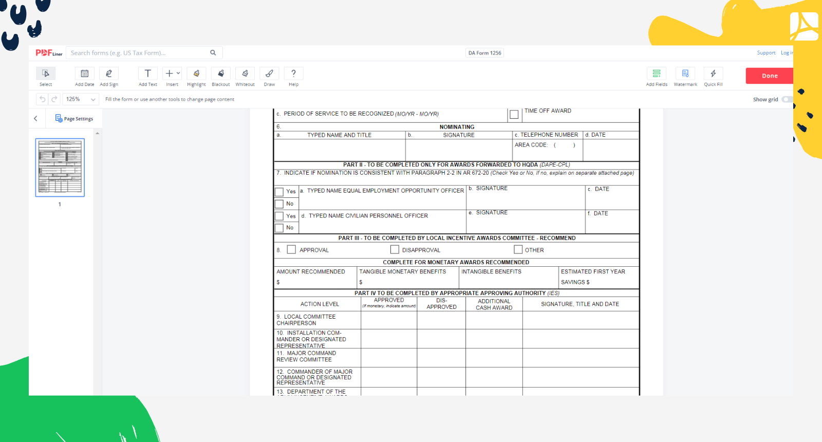 DA Form 1256 on PDFLiner