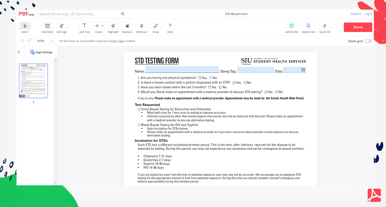 STD Testing Form Screenshot